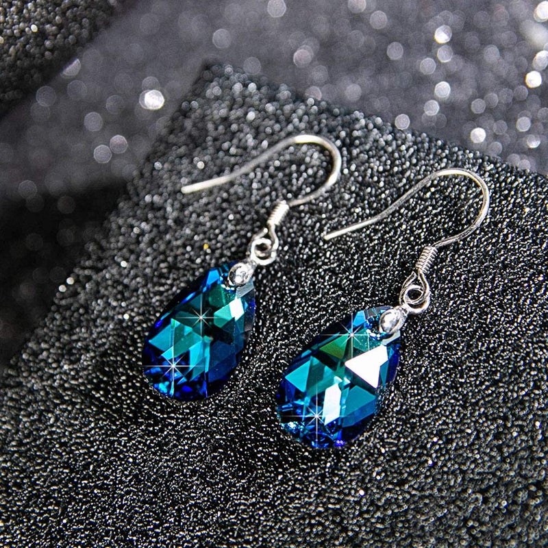 EVEVIC Austrian Crystal Teardrop Dangle Earrings for Women Drop Hook Earring 925 Sterling Silver Hypoallergenic Jewelry (Bermuda Blue) - Image 3